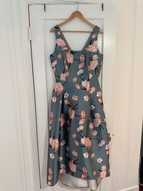 Sachin + Babi Slate Blue Floral Midi Dress with Pink Blooms